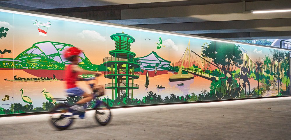 Image of Placemaking for Kallang Park Connector Underpasses, Along the underpass, murals and river-themed inlays weave a beautiful story that connects the past and present of Kallang River, Singapore